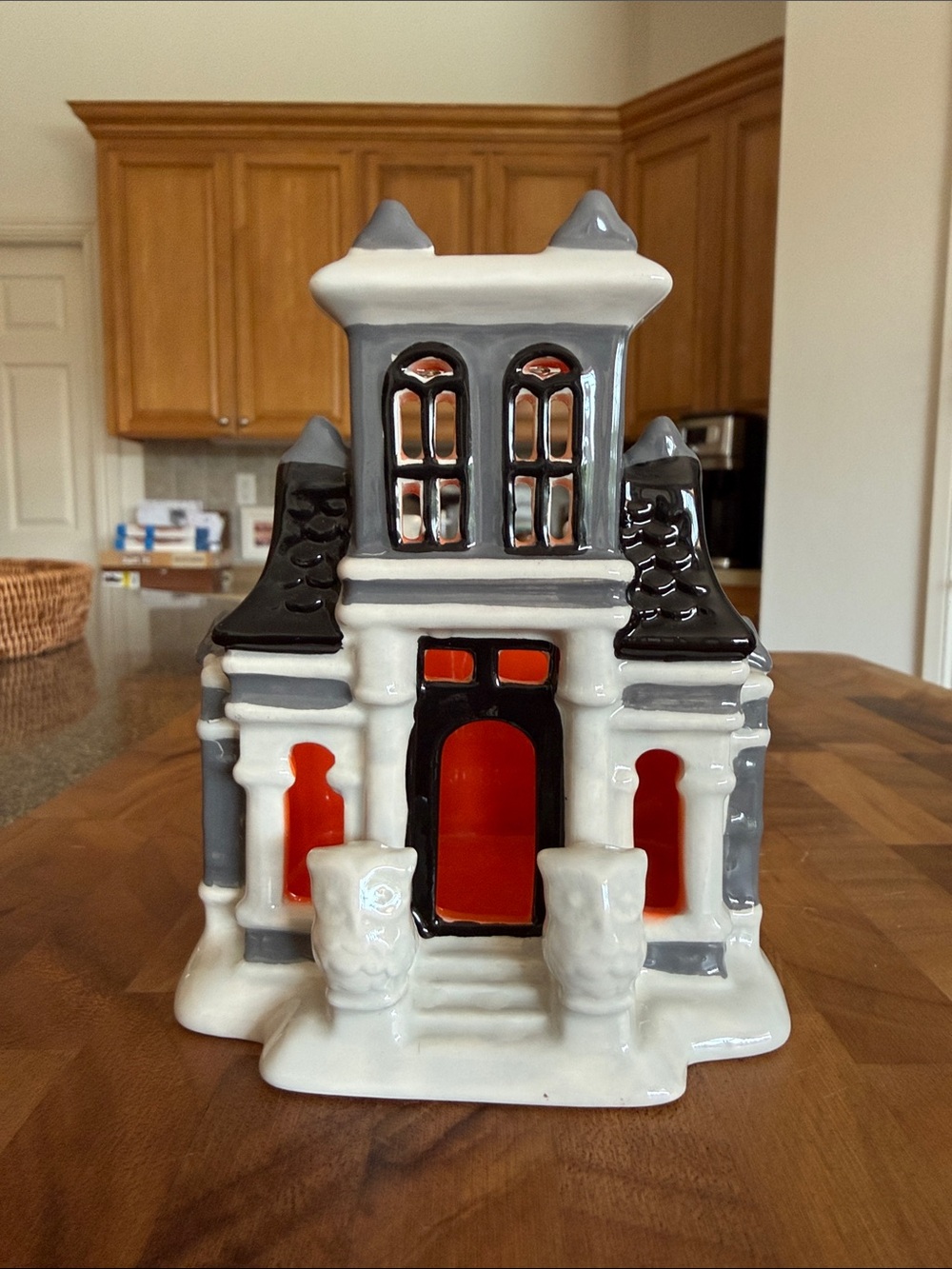 Ceramic Haunted House Lantern - Orange, Gray & White